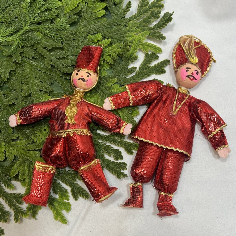 Vintage Mr. Christmas Gold & Red Lame Soldier Ornaments Lot of 2 1960s?